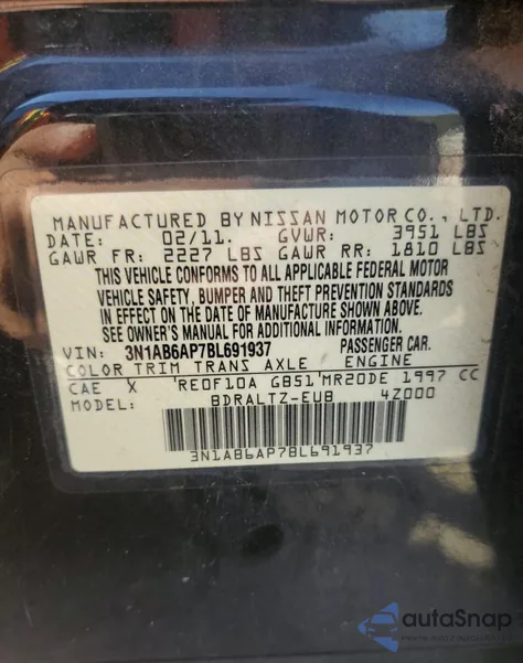 2011 Nissan Sentra 2.0 z USA, uszkodzony, nr VIN 3N1AB6AP7BL691937